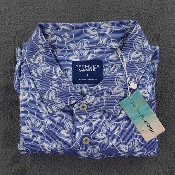 Bermuda Sands Shirt Mens Large Blue Floral Hawaiian Golf Preppy Wicking